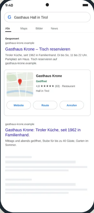 Google-Suche nach Gasthaus Krone mit Anzeige, Google-Eintrag und Website